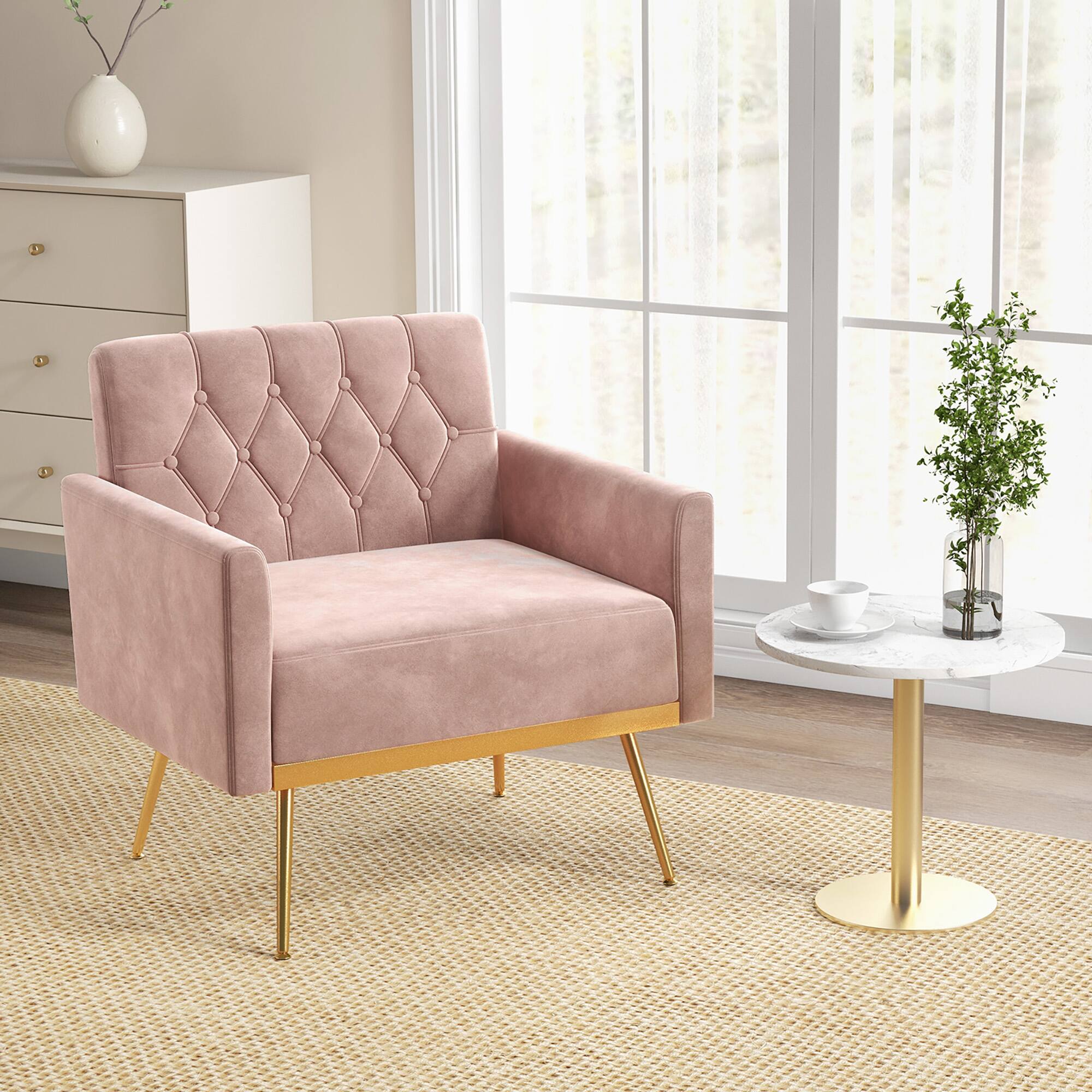 Alt View 3. Gymax - Gymax 2PCS Modern Velvet Accent Chair w/ Button Tufted Back Golden Metal Legs Pink - Pink.