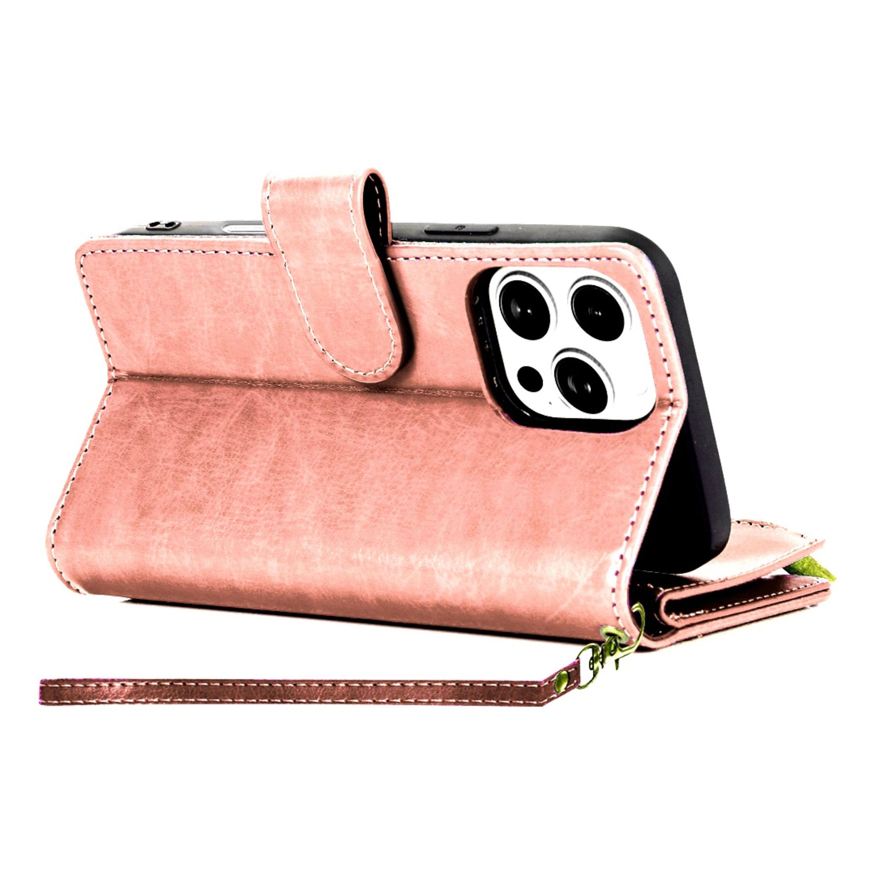 Left. Kitcheniva - PU Leather Phone Wallet Zipper With Tempered Glass For iPhone 16 Pro Max Rose Gold - Rose Gold.