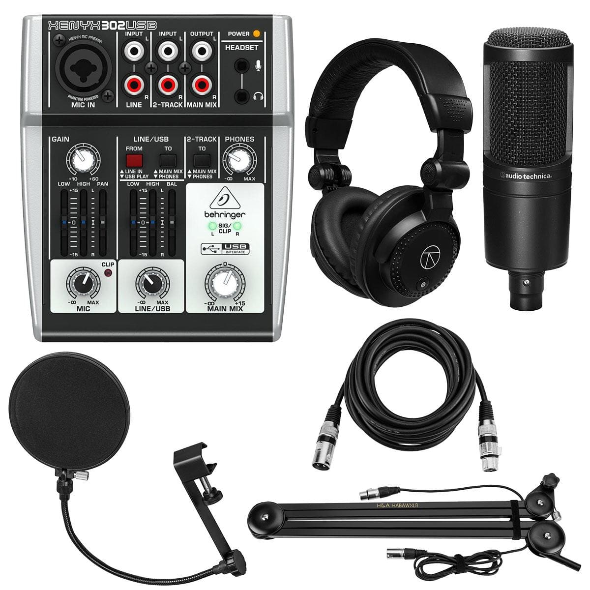 Behringer - XENYX 302USB Premium 5-Input Mixer, Bundle with AT2020 Microphone, Broadcast Arm with Internal Springs, Studio