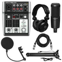Behringer - XENYX 302USB Premium 5-Input Mixer, Bundle with AT2020 Microphone, Broadcast Arm with Internal Springs, Studio