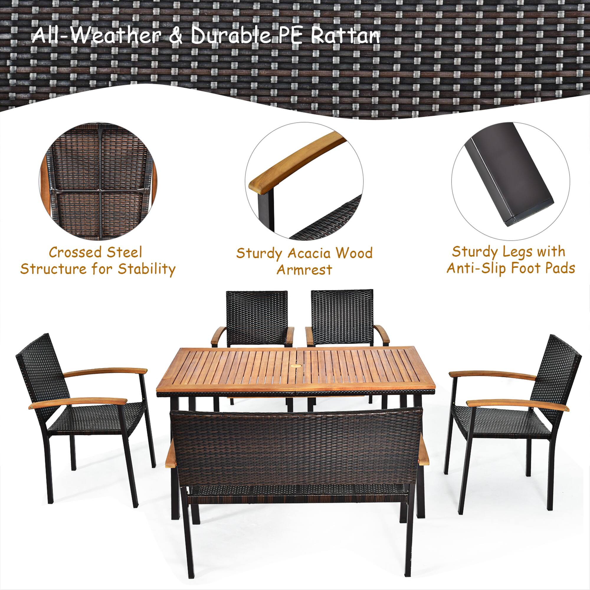 All-Weather & Durable PE Rattan

- Crossed Steel Structure for Stability
- Sturdy Acacia Wood Armrest
- Sturdy Legs with Anti-Slip Foot Pads