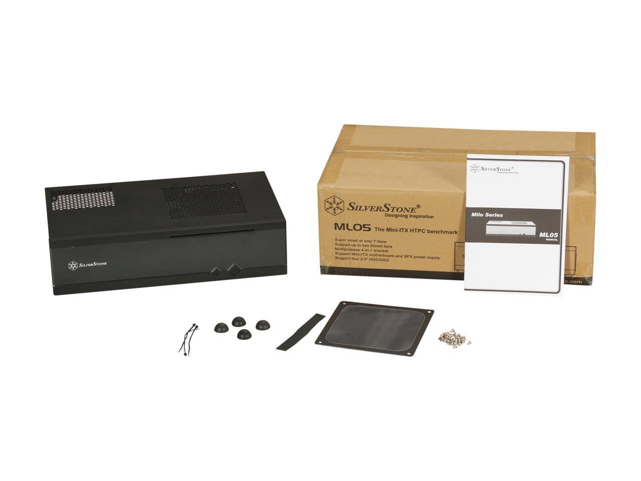 SILVERSTONE  
Designing Inspiration  

MLO5  
The Mini-ITX HTPC Benchmark  

Milo Series  

- Support up to two 80mm fans  
- Support 4-in-1 bracket  
- Support four 2.5" HDD/SSD  
- Support SFX power supply  

SILVERSTONE  
Designing Inspiration  

MLO5  
The Mini-ITX PC benchmark  

- Support up to two 80mm fans  
- Support 4-in-1 bracket  
- Support four 2.5" HDD/SSD  
- Support SFX power supply  

www.silverstonetech.com