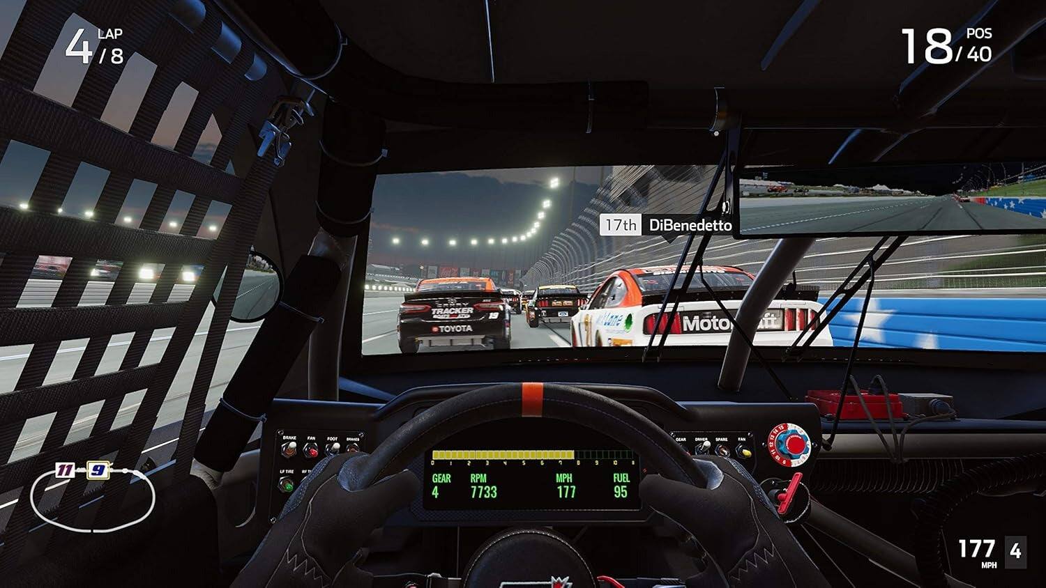 LAP 4 / 8  
POS 18 / 40  
17th DiBenedetto  
TRACKER TOYOTA  
Laie Moto BRAE TAN FOOE SRAN  
-OS  
11 9 UTN  
GEAR 4  
RPM 7733  
MPH 177  
FUEL 95  
177 MPH