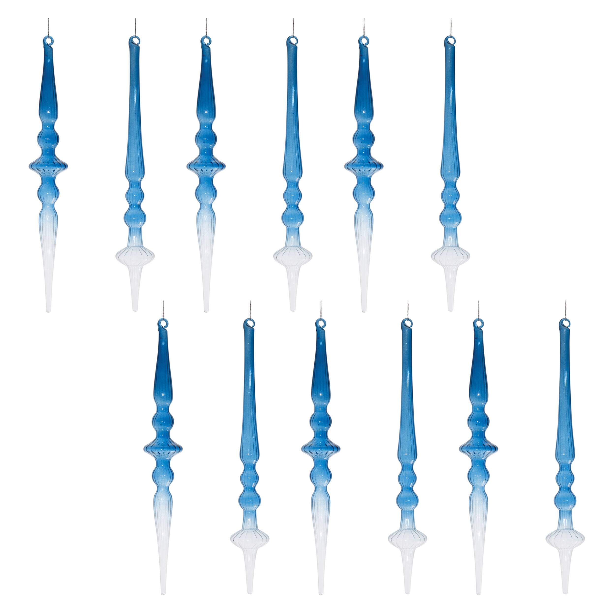 Left. BreeBe - Blue Ombre Glass Finial Drop Ornament (Set of 12) - Blue.