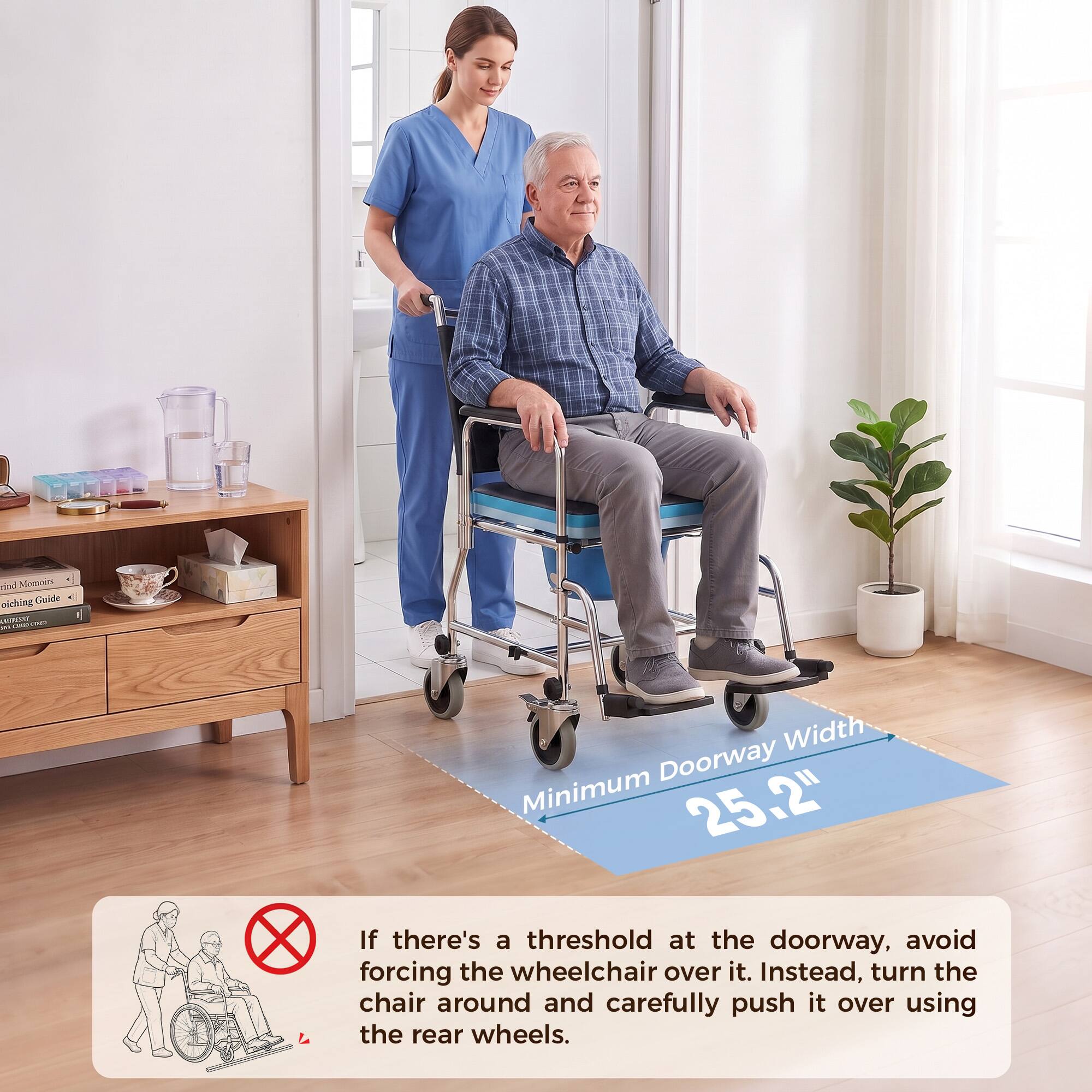 rind Memoers oiching Guide ANISOUT Catadories IN  
Width Minimum Doorway 25.2"  
If there's a threshold at the doorway, avoid forcing the wheelchair over it. Instead, turn the chair around and carefully push it over using the rear wheels.