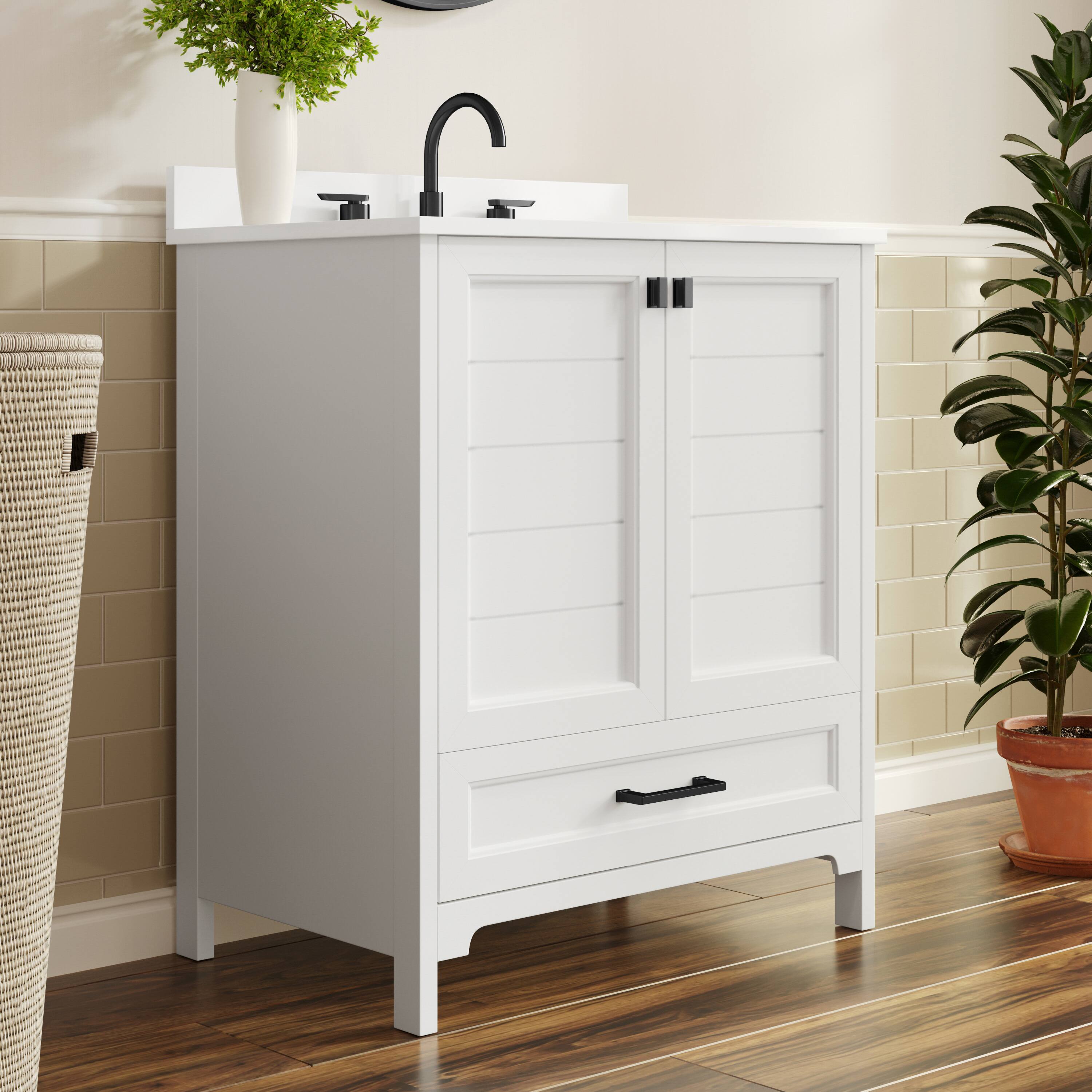 Alt View 2. Flash Furniture - Haven 30" Bathroom Vanity with Sink, Storage Cabinet with Black Hardware, Soft Close Doors and Bottom Drawer, Carrara Ma - White.