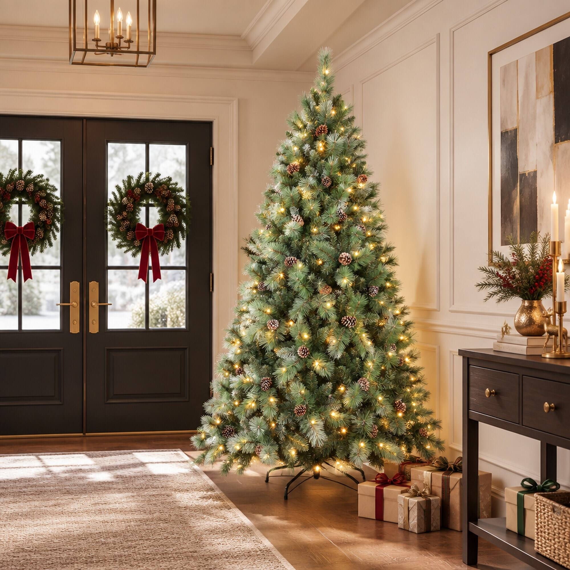 Alt View 2. RYHNUYNE - 7FT Pre-Lit Artificial Christmas Tree With 400 Warm White LED Lights and 1348 Tips, 82 Pine Cones and Metal Stand - Green.