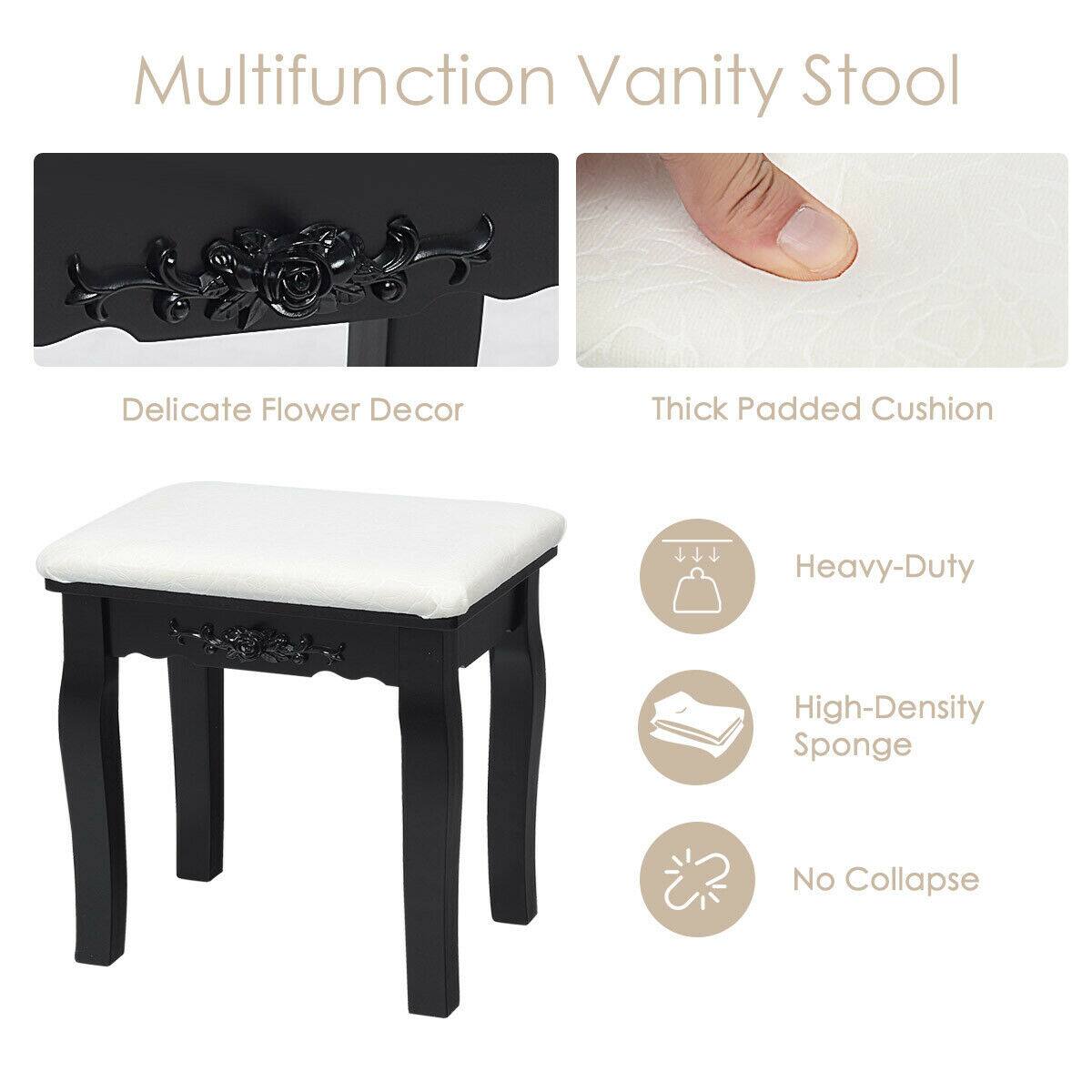 Multifunction Vanity Stool
Delicate Flower Decor
Thick Padded Cushion
Heavy-Duty
High-Density Sponge
No Collapse