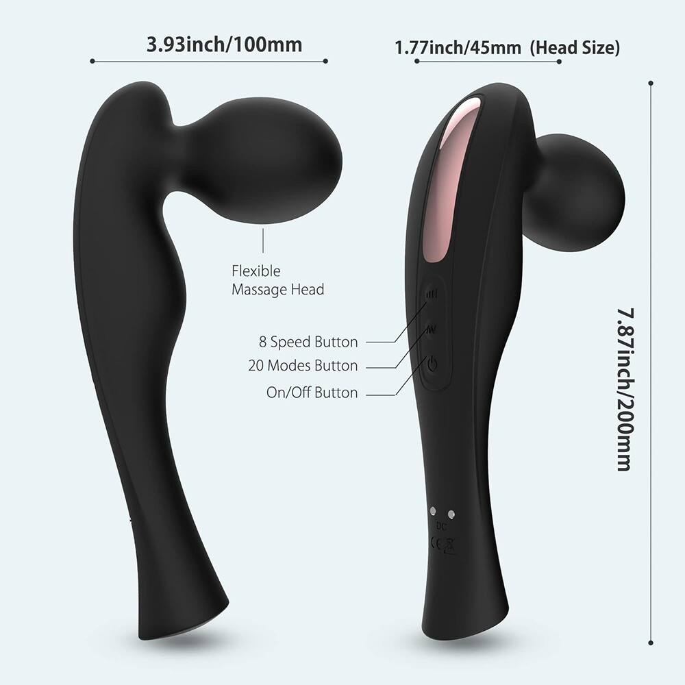 3.93inch/100mm  
1.77inch/45mm (Head Size)  
Flexible Massage Head  
8 Speed Button  
20 Modes Button  
On/Off Button  
7.87inch/200mm