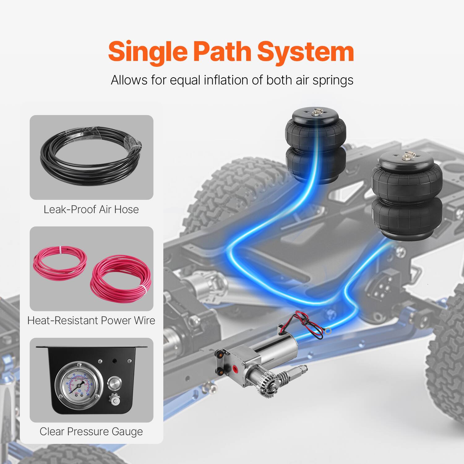 Single Path System  
Allows for equal inflation of both air springs  

- Leak-Proof Air Hose  
- Heat-Resistant Power Wire  
- Clear Pressure Gauge