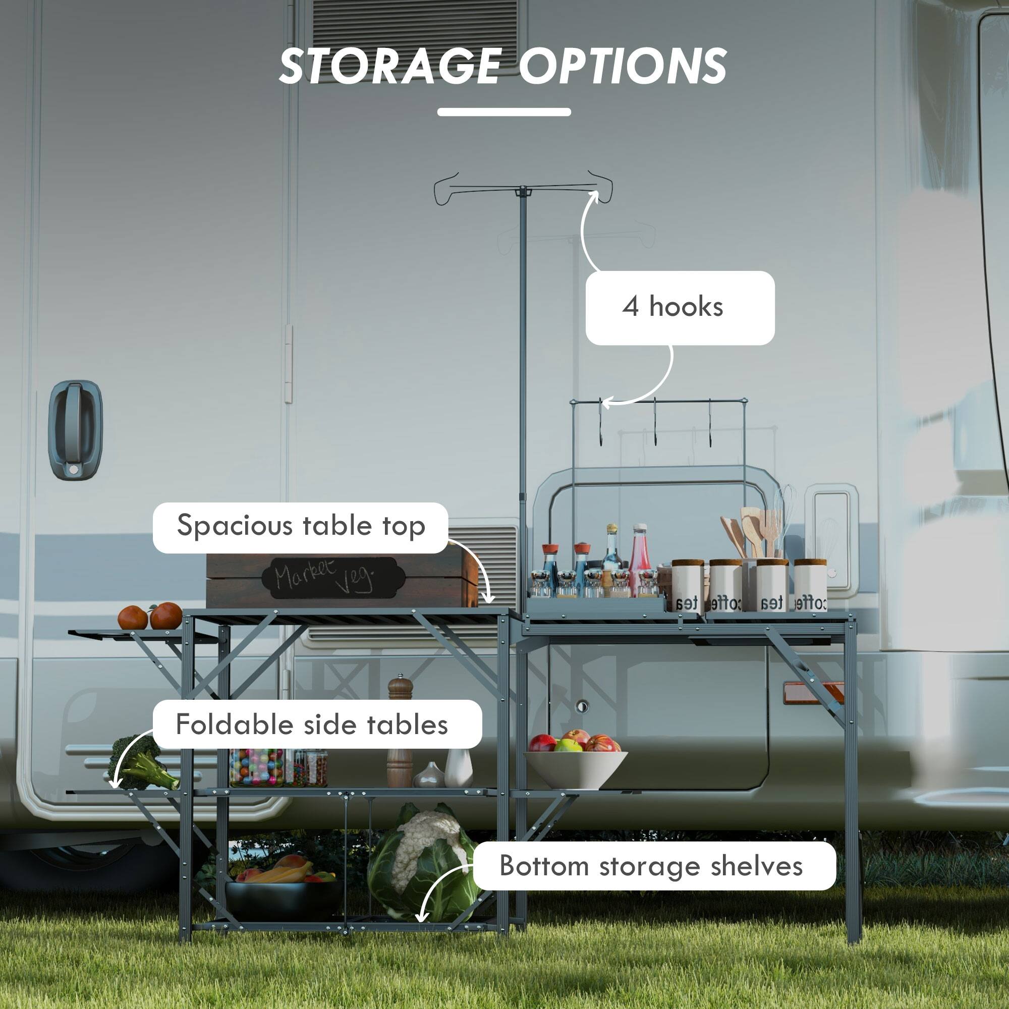 STORAGE OPTIONS
4 hooks
Spacious table top
Foldable side tables
Bottom storage shelves