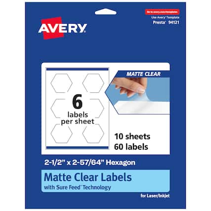 Go to avery.com/templates
Use Avery Template Presta® 94121
MATTE CLEAR
6 labels per sheet
10 sheets
60 labels
2-1/2" x 2-57/64" Hexagon Matte Clear Labels with Sure Feed® Technology for Laser/Inkjet