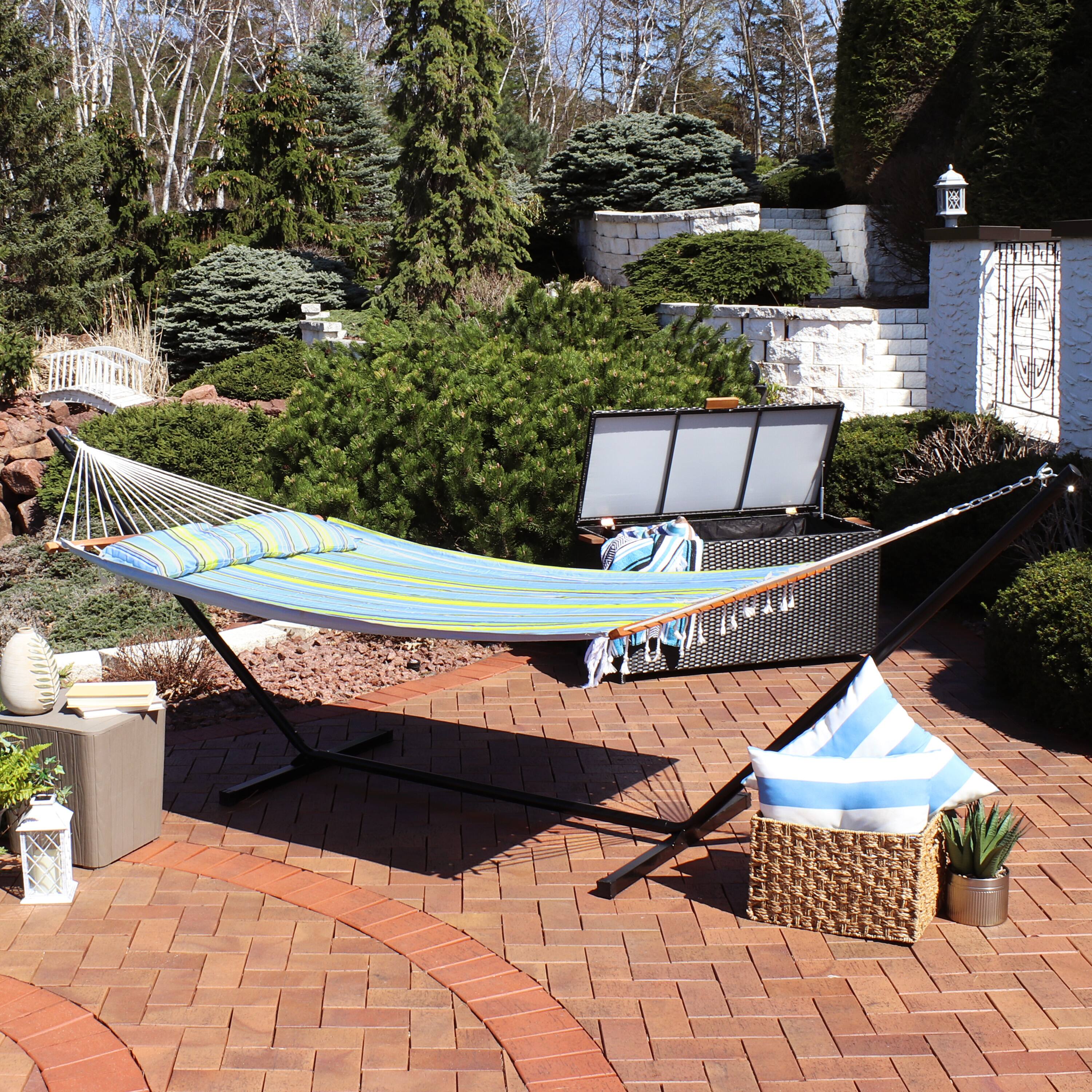 Alt View 3. Sunnydaze - 2-Person Quilted Fabric Hammock with Steel Stand - Blue & Green.