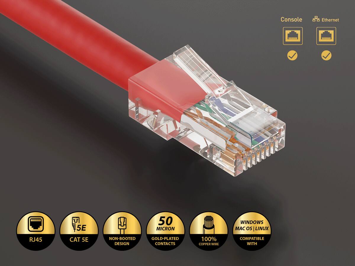Console  
Ethernet  
5E  
50 MICRON  
WINDOWS MAC OS | LINUX  
RJ45  
CAT 5E  
NON-BOOTED DESIGN  
GOLD-PLATED CONTACTS  
100% COPPER WIRE  
COMPATIBLE WITH