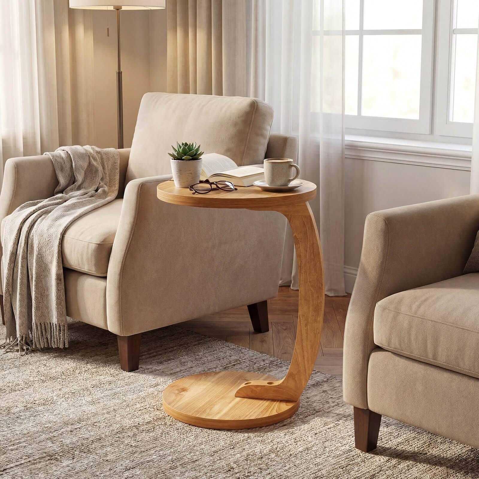 Alt View 4. Costway - Costway 1 PCS Round C-shaped Side Table, 24" Solid Teak Wood End Table with Thickened Top - Natural.