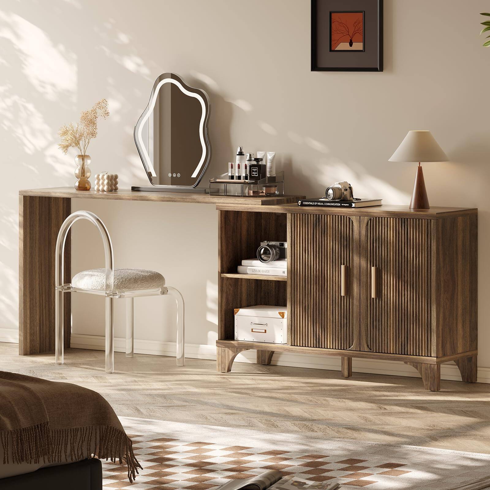 Alt View 5. Sugift - 47" Mid Century Fluted Buffet Cabinet with Storage Accent Sideboard and Credenza Console for Kitchen and Living Room - Brwon.