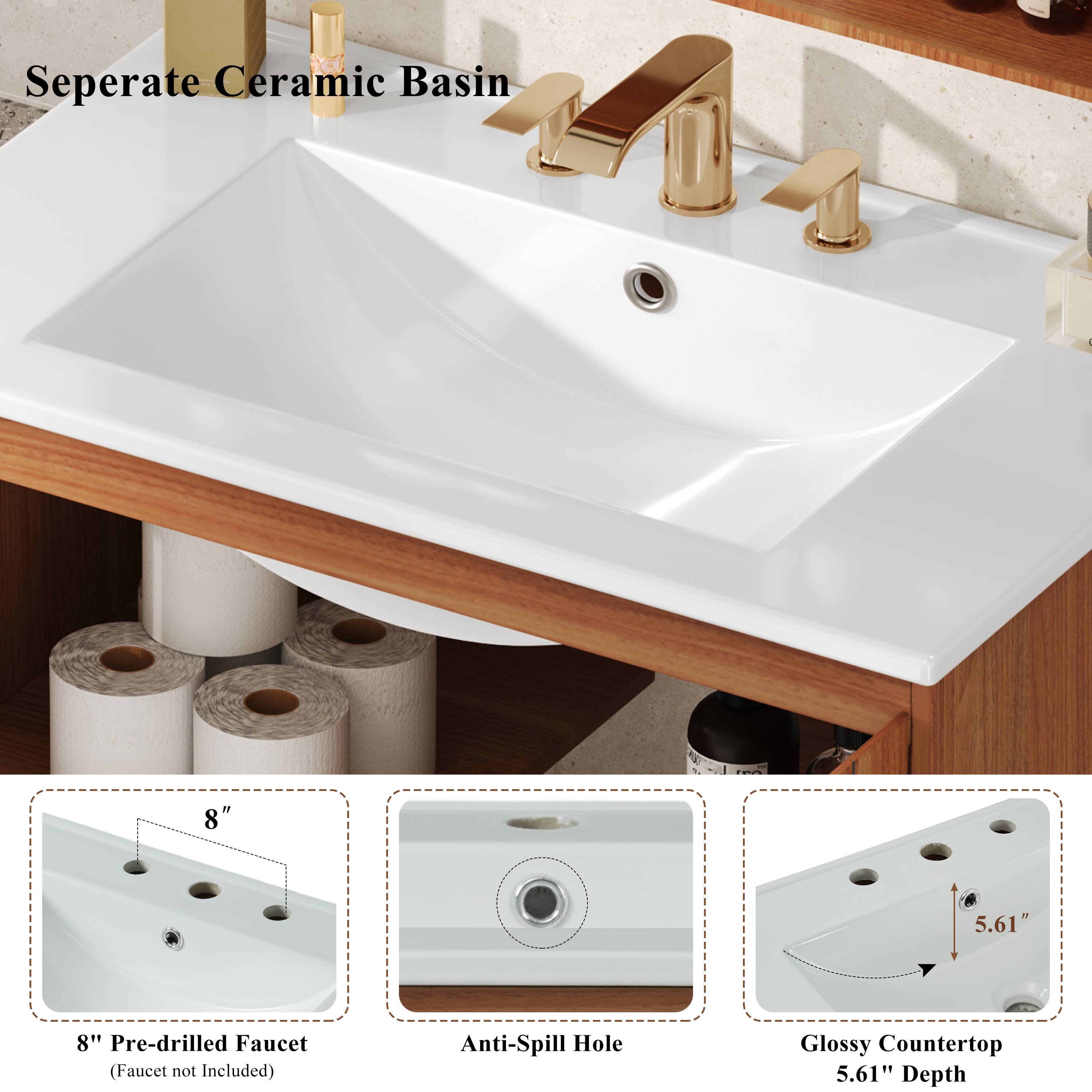 Separate Ceramic Basin

8" Pre-drilled Faucet (Faucet not Included)

Anti-Spill Hole

Glossy Countertop 5.61" Depth