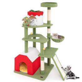 Gymax - 61'' Tall Christmas Cat Tree w/ Sisal Scratching Posts Plush Perch & 2 Condos - GYM15380