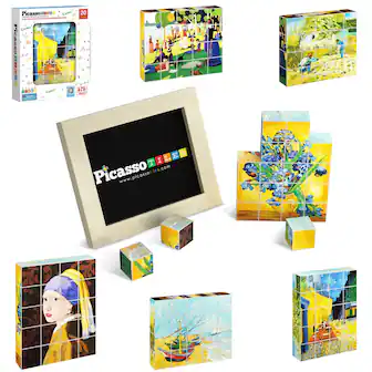 PicassoTiles - PICASSO-TILES 20PCS 1" Magnetic Puzzle Building Cubes of Famous World Art with Free Frame, STEM Educational Toy for Kids