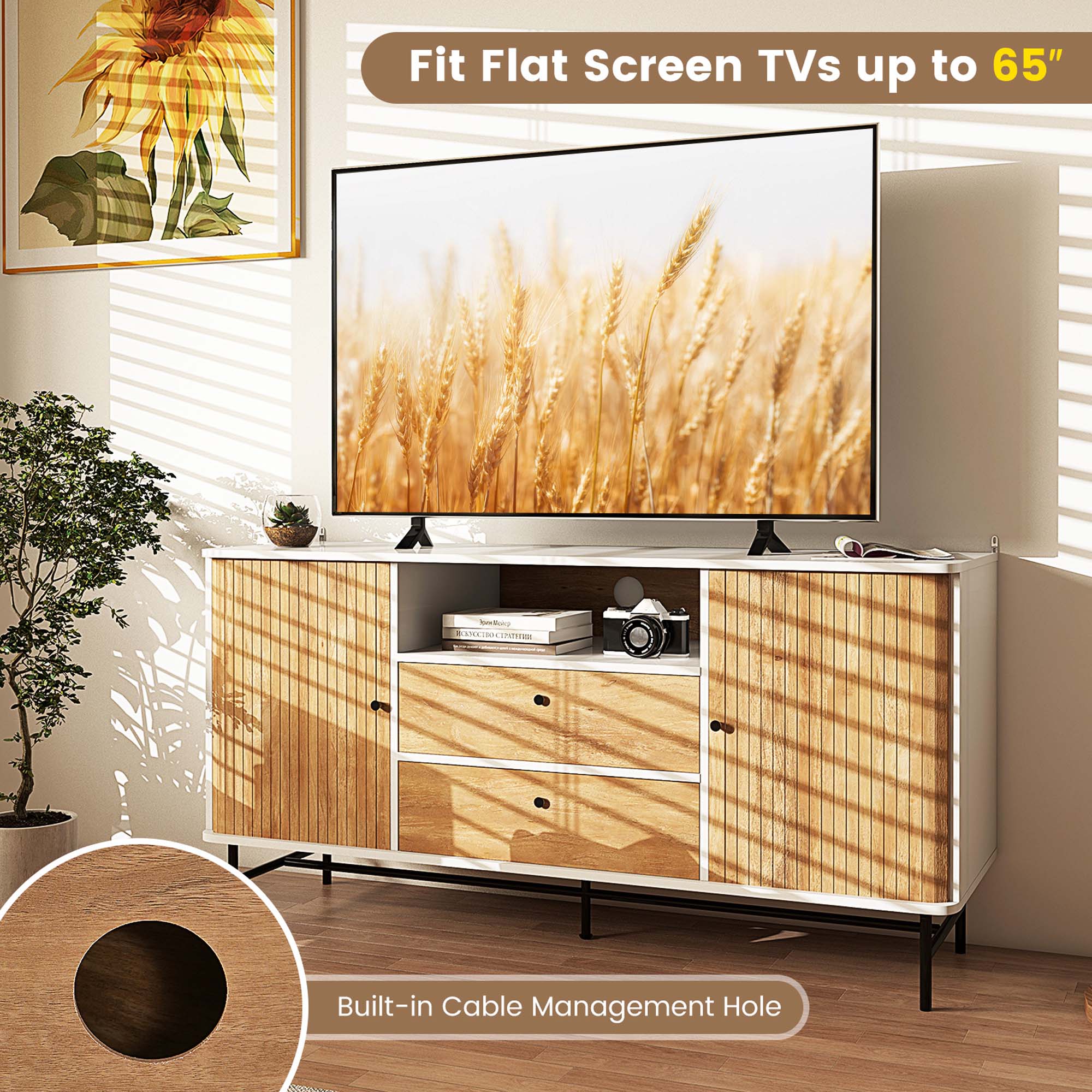 Fit Flat Screen TVs up to 65" N RC. Built-in Cable Management Hole.