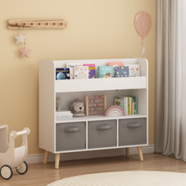 TinyHomie - Kids Bookshelf with 3 Fabric Bins Modern Children's Bookcase with Storage for Toys and Books - White