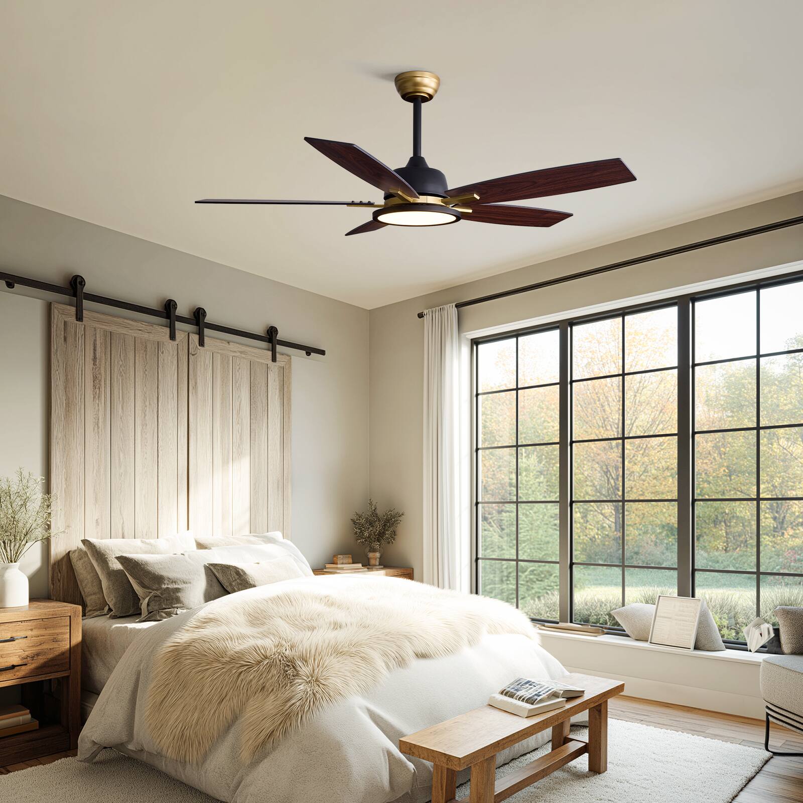 Back. Siljoy - 52 Inch 5 Blade Composite Wood Farmhouse Ceiling Fan with LED Light Remote and App for Bedroom Living Room - Matte Black and Gold.