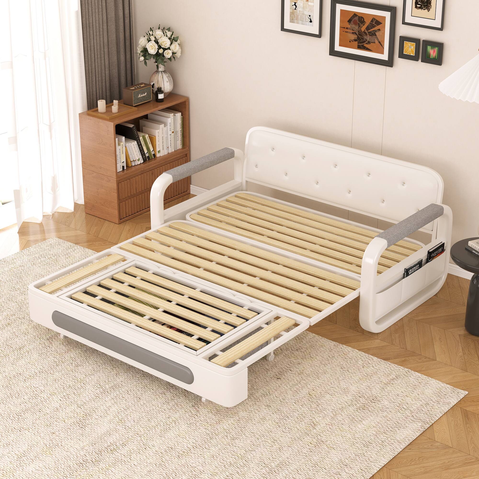 Alt View 1. luck idea - Sofa Bed, Cotton-Linen Fabric, Removable Washable, With Storage, Metal Frame, For Living Room & Bedroom - Gray.