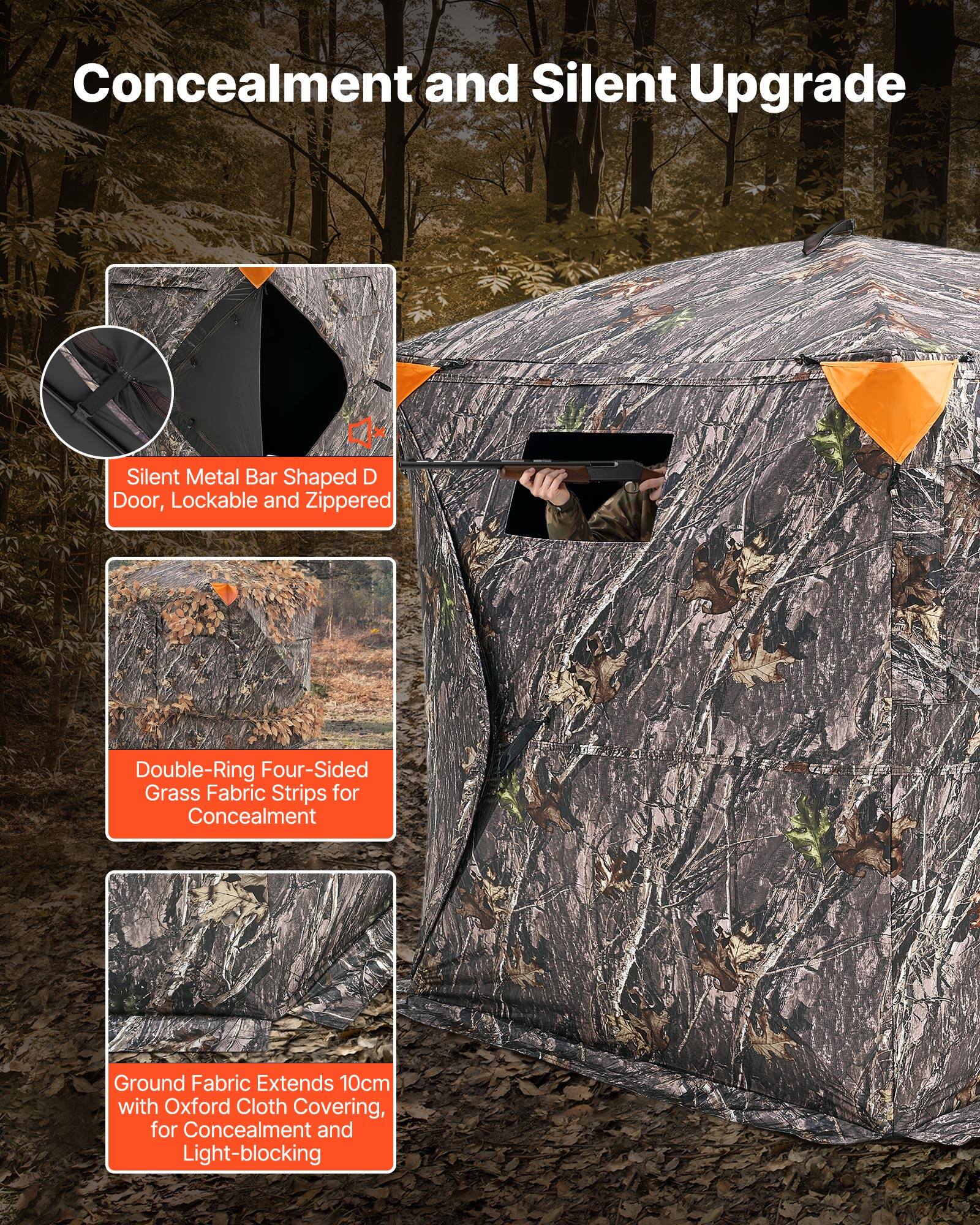 Concealment and Silent Upgrade

- Silent Metal Bar Shaped D Door, Lockable and Zippered
- Double-Ring Four-Sided Grass Fabric Strips for Concealment
- Ground Fabric Extends 10cm with Oxford Cloth Covering, for Concealment and Light-blocking