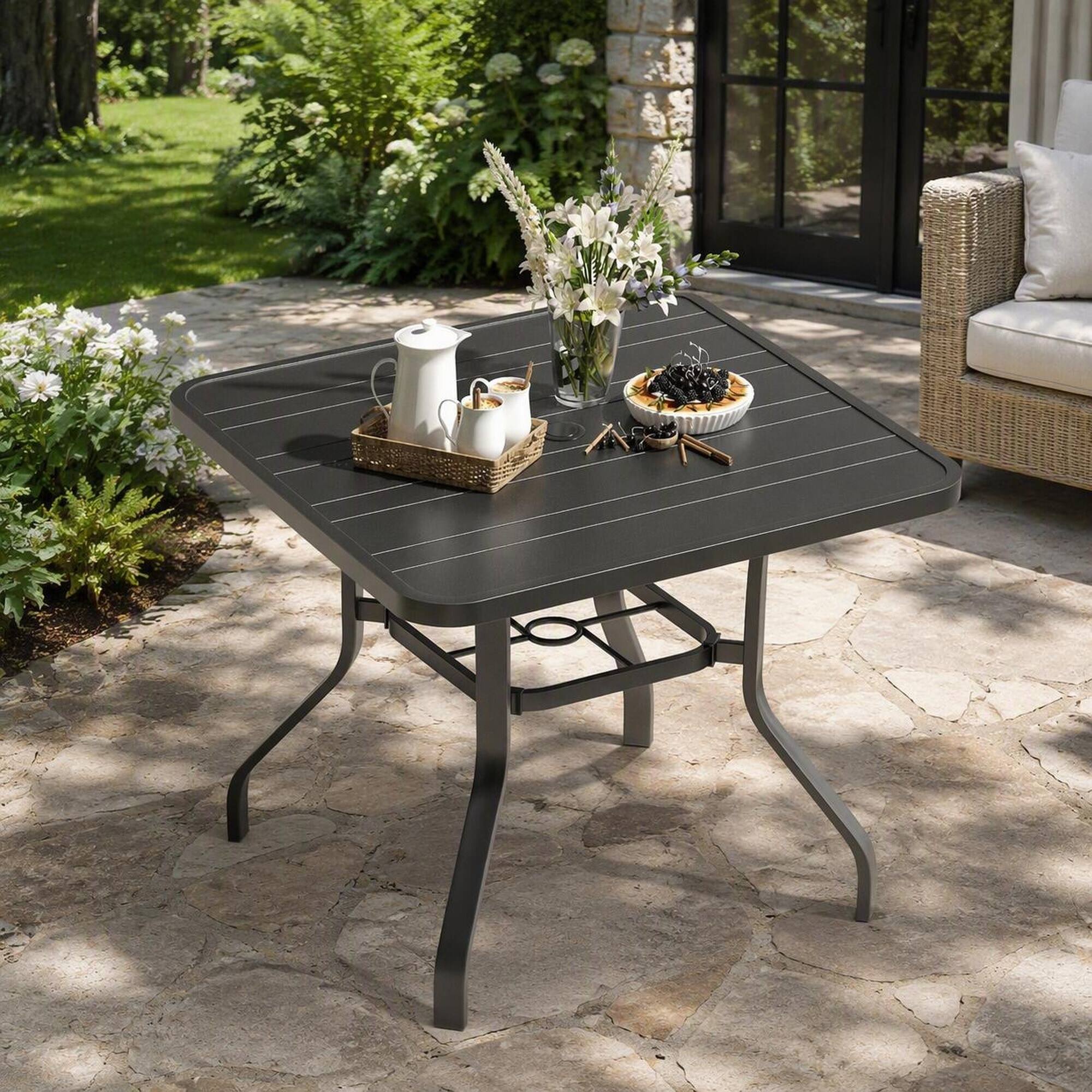 Angle. RYHNUYNE - 35"Square Outdoor Dining Table,Outdoor Patio Table With Umbrella Hole for Garden Backyard Poolside - Black.