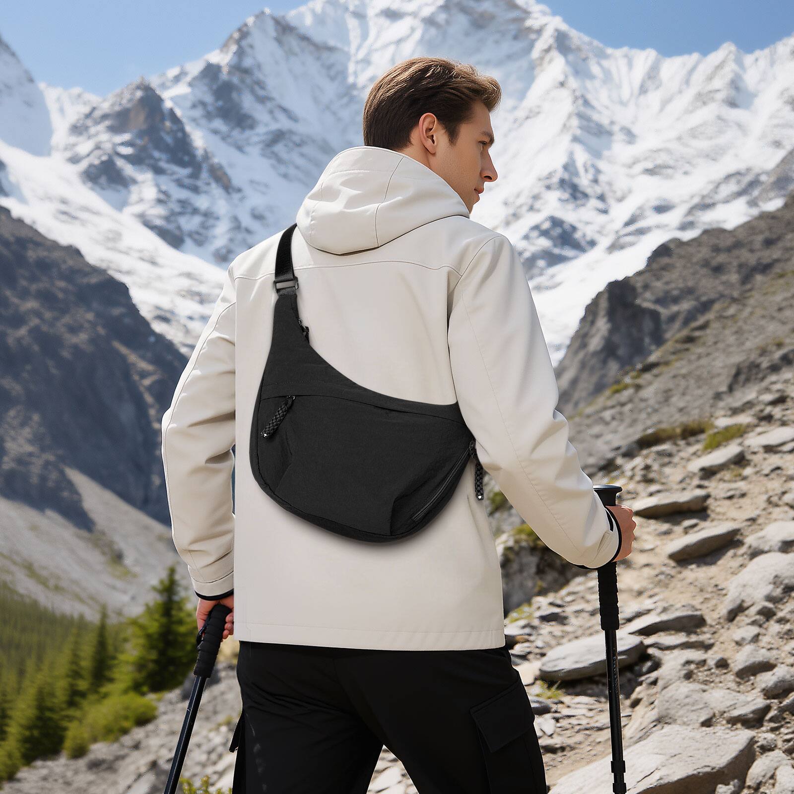 Alt View 5. Unique Bargains - Sling Bag for Men Women, Lightweight Arch Moon Crossbody Bag, Water Repellent Chest Fanny Pack for Hiking Travel Commute - Black.