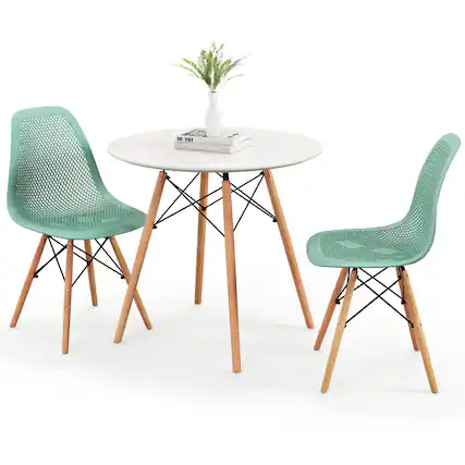 Front. Gymax - Gymax 3 PCS Dining Table Set for 2 Persons Modern Round Table & 2 Chairs w/ Wood Leg White & Green - White, Green.