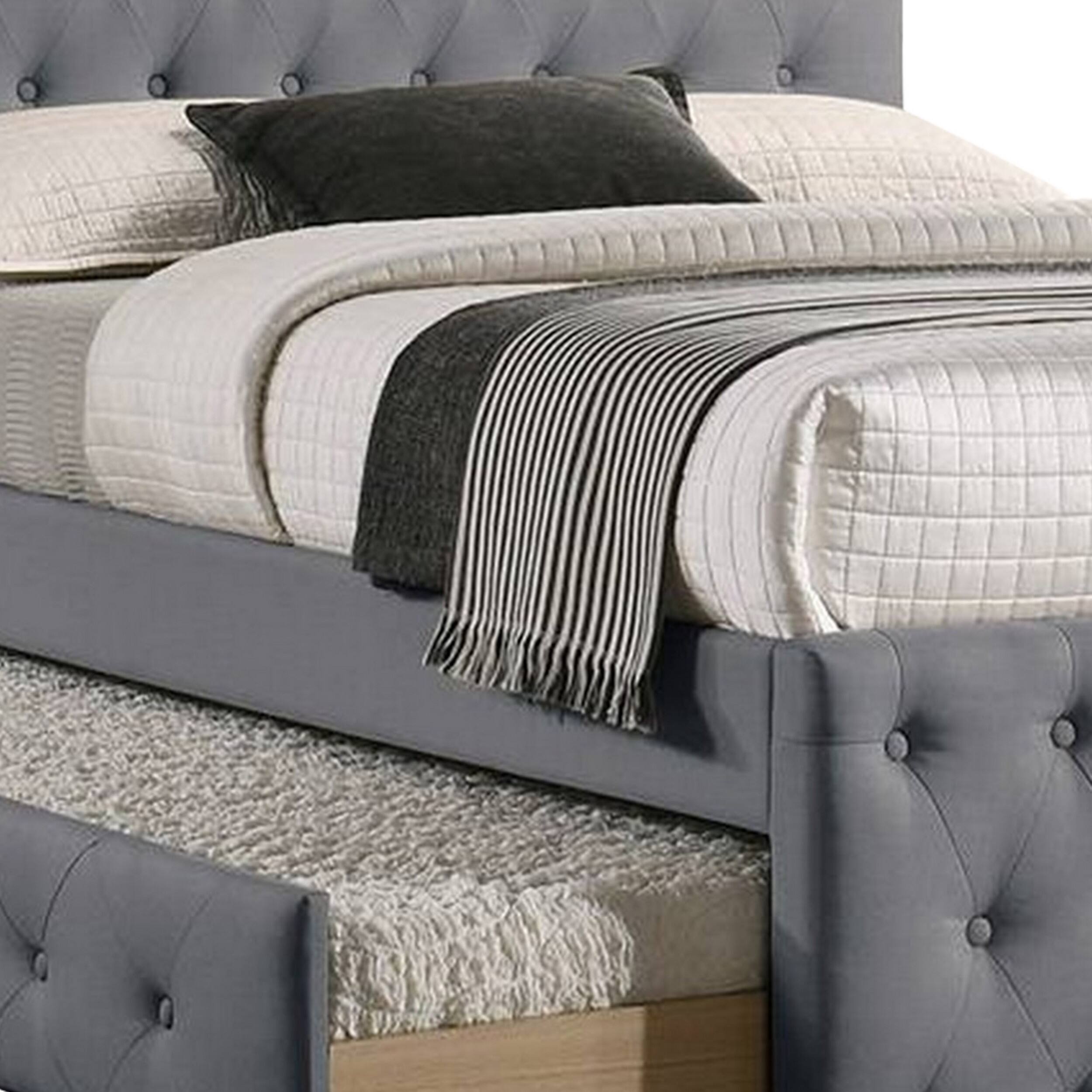 Alt View 3. Manhattan Lane - Nek Wood Twin Size Upholstered Bed with Trundle, Tufted Gray Burlap - Gray.