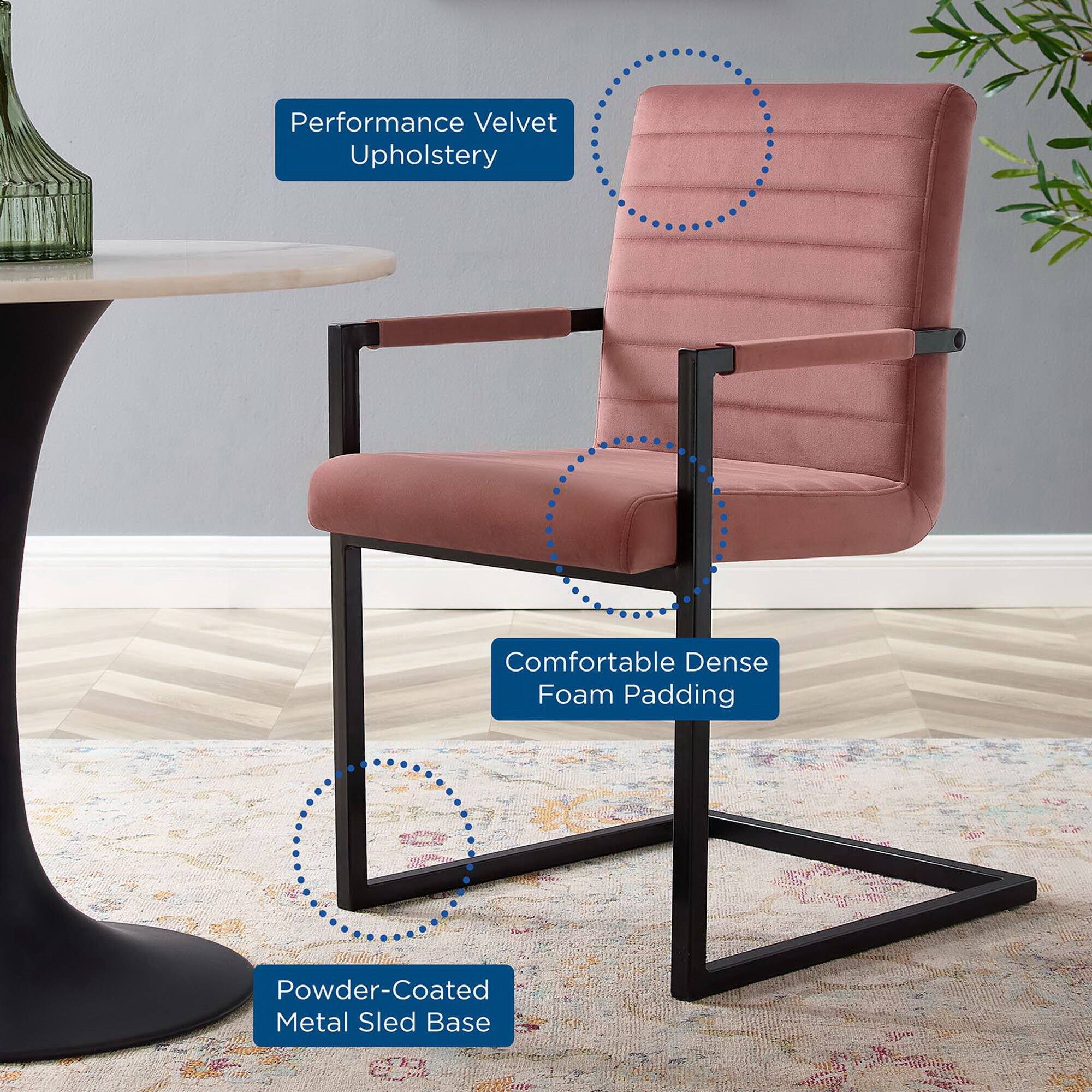 - Performance Velvet Upholstery
- Comfortable Dense Foam Padding
- Powder-Coated Metal Sled Base