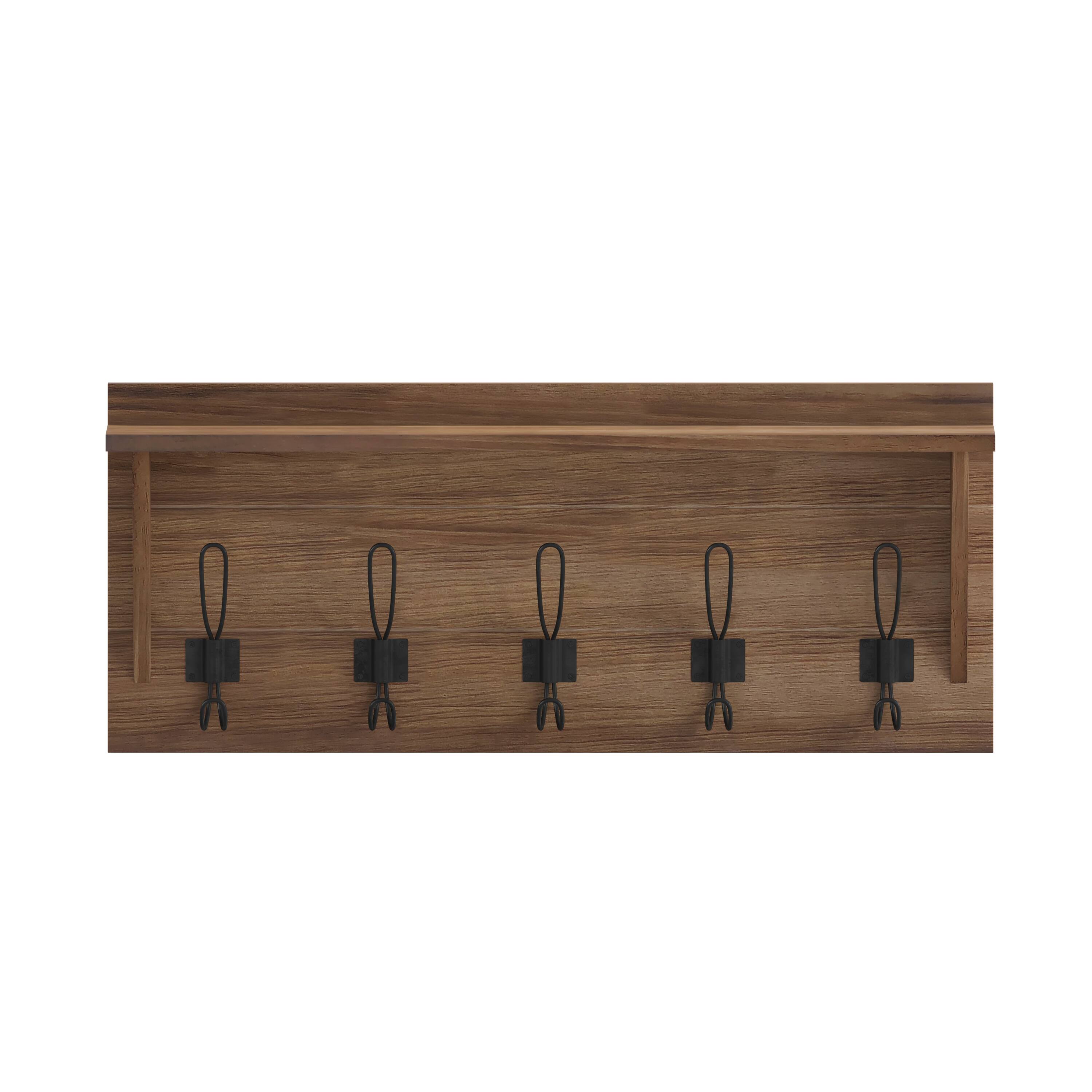 Alt View 9. Emma + Oliver - Alcott Rustic Country Wall Mounted Entryway Shelf with 5 Rustic Hooks and Wood Construction - Rustic Brown.