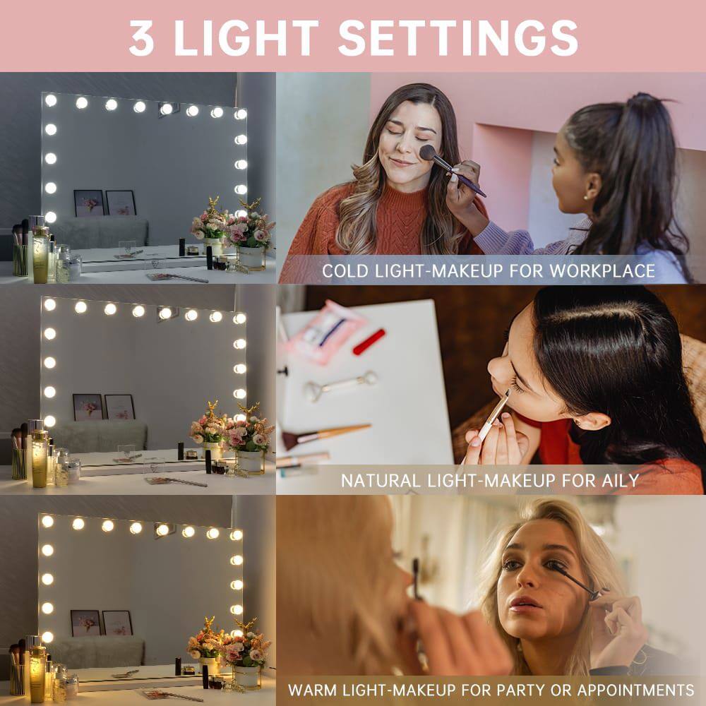 3 LIGHT SETTINGS

COLD LIGHT-MAKEUP FOR WORKPLACE

NATURAL LIGHT-MAKEUP FOR AILY

WARM LIGHT-MAKEUP FOR PARTY OR APPOINTMENTS