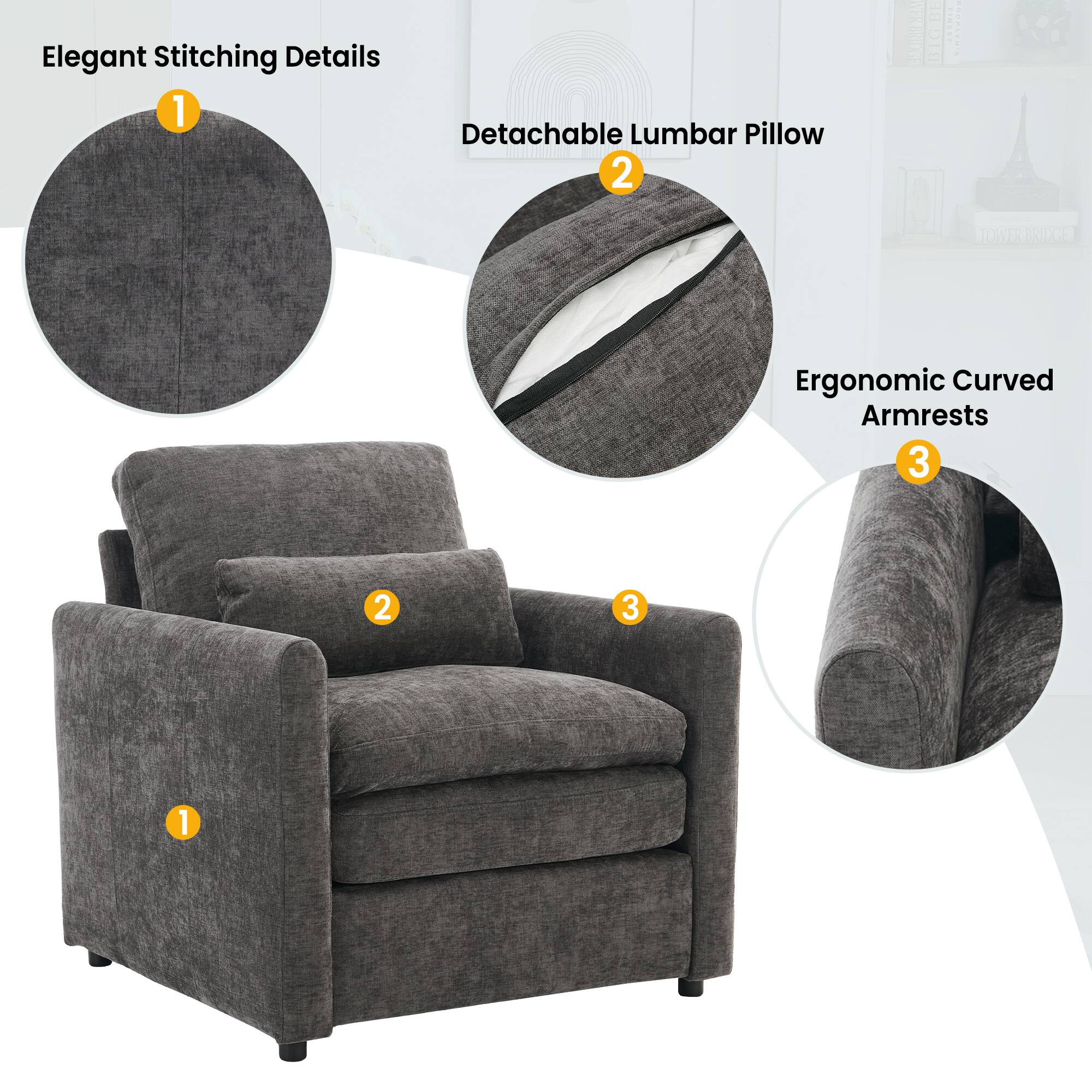 1. Elegant Stitching Details
2. Detachable Lumbar Pillow
3. Ergonomic Curved Armrests