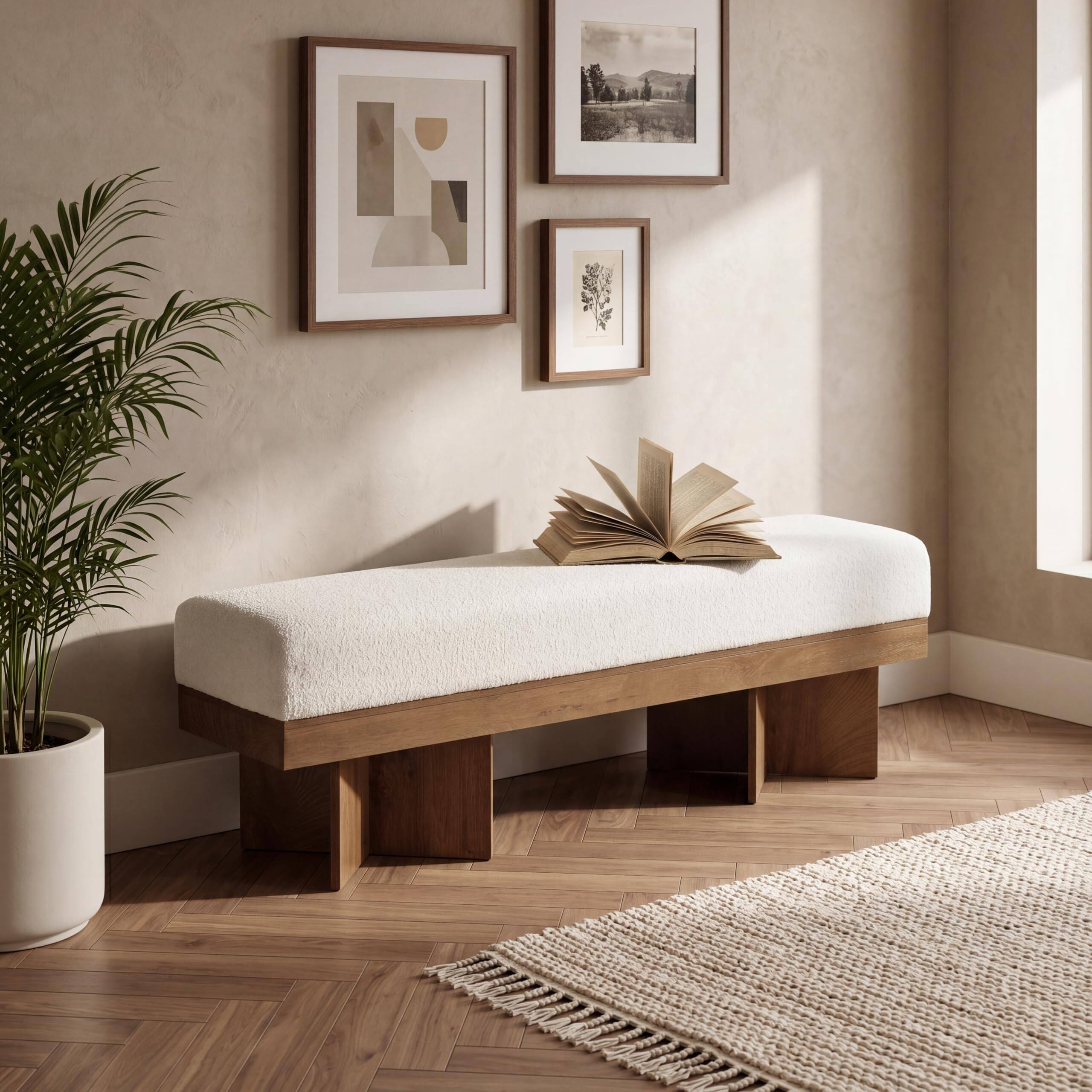 Alt View 3. Tribesigns - LITTLE TREE 55" Entryway Bench with Faux Lamb Wool, Upholstered Bench with X-Legs, for Living Room, Bedroom, or Foyer (W - White and Light Walnut.