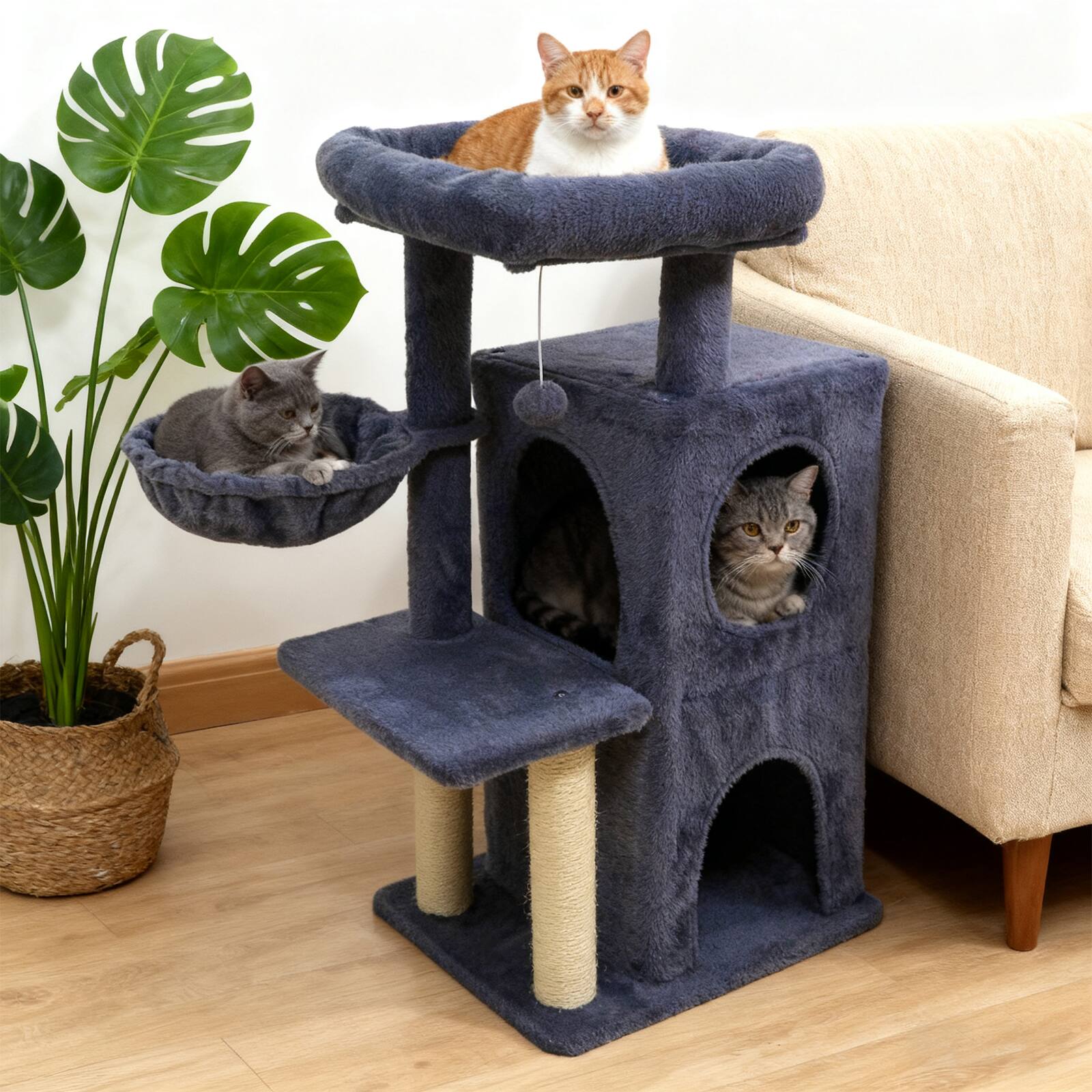 Alt View 3. Gymax - Gymax 33.5'' Cat Tree w/ 2-Tier Condo Padded Plush Top Perch Sisal Scratching Posts Deep Gray.