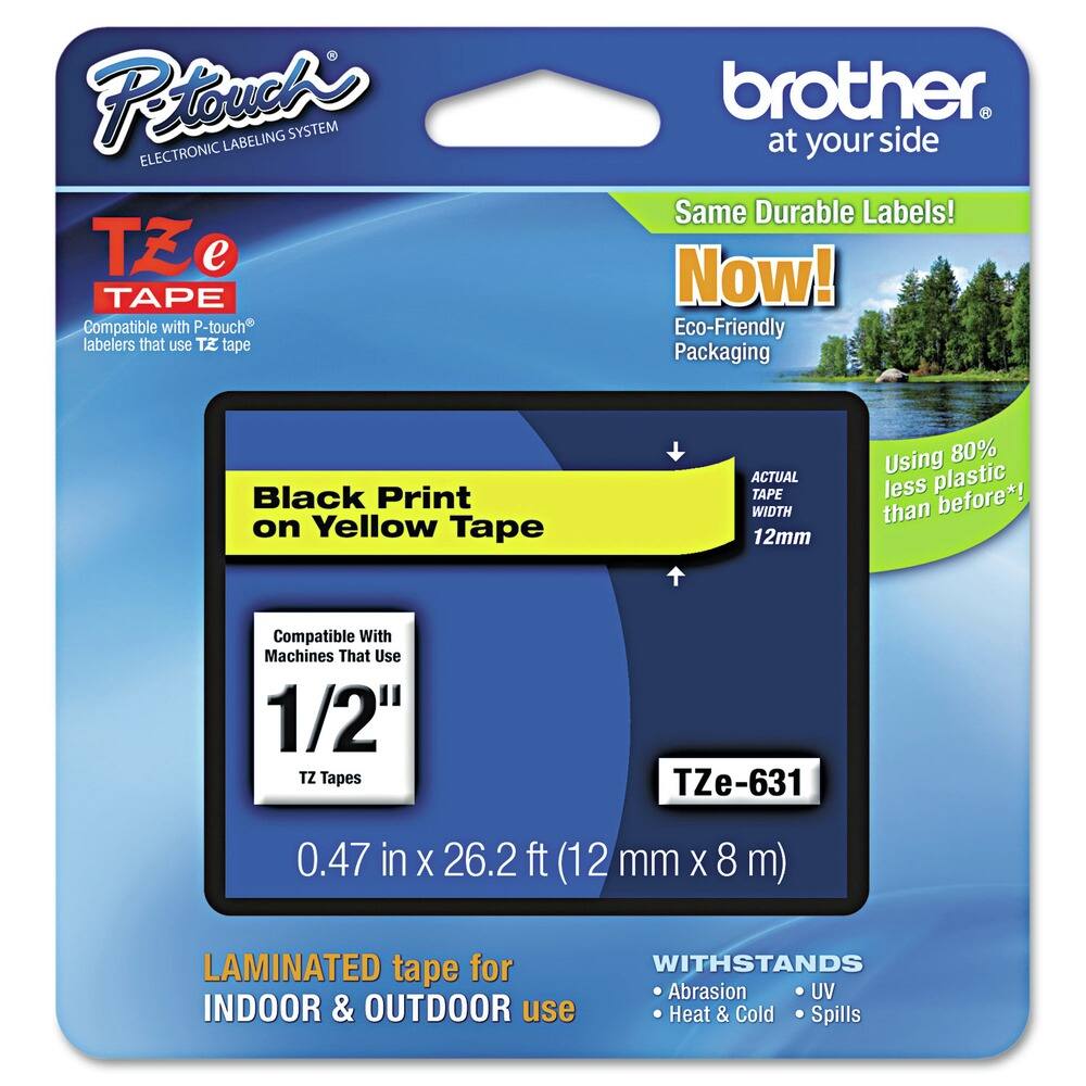 **Brother P-touch Electronic Labeling System**

- **TZ e Tape**
  - Compatible with P-touch labelers that use TZ tape

- **Black Print on Yellow Tape**
  - Actual Tape Width: 12mm
  - Compatible with Machines That Use 1/2" TZ Tapes
  - 0.47 in x 26.2 ft (12 mm x 8 m)

- **TZ e-631**

- **Eco-Friendly Packaging**
  - Using 80% less plastic than before*

- **Laminated tape for Indoor & Outdoor use**
  - Withstands:
    - Abrasion
    - UV
    - Heat & Cold
    - Spills

- **Same Durable Labels! Now!**
  - Eco-Friendly Packaging