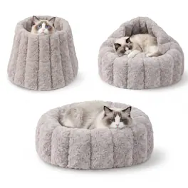 PawsPik - 3-in-1 Convertible Plush Cave & Donut Bolster Dog & Cat Bed, Medium - Gray