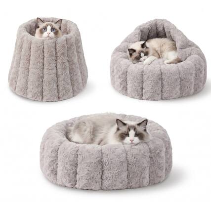 Front. PawsPik - PawsPik 3-in-1 Convertible Plush Cave & Donut Bolster Dog & Cat Bed, Medium, Gray - Gray.
