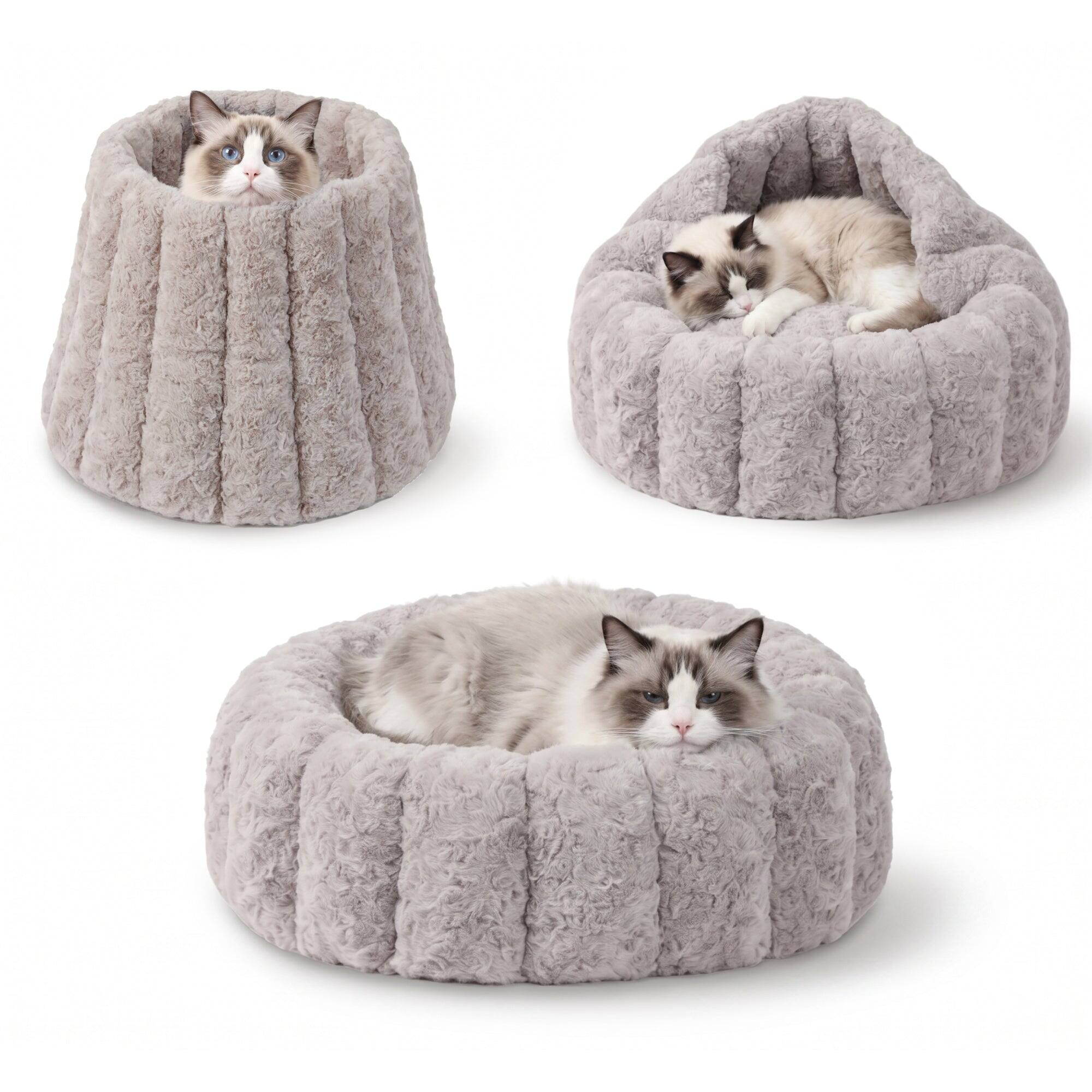 Front. PawsPik - PawsPik 3-in-1 Convertible Plush Cave & Donut Bolster Dog & Cat Bed, Medium, Gray - Gray.