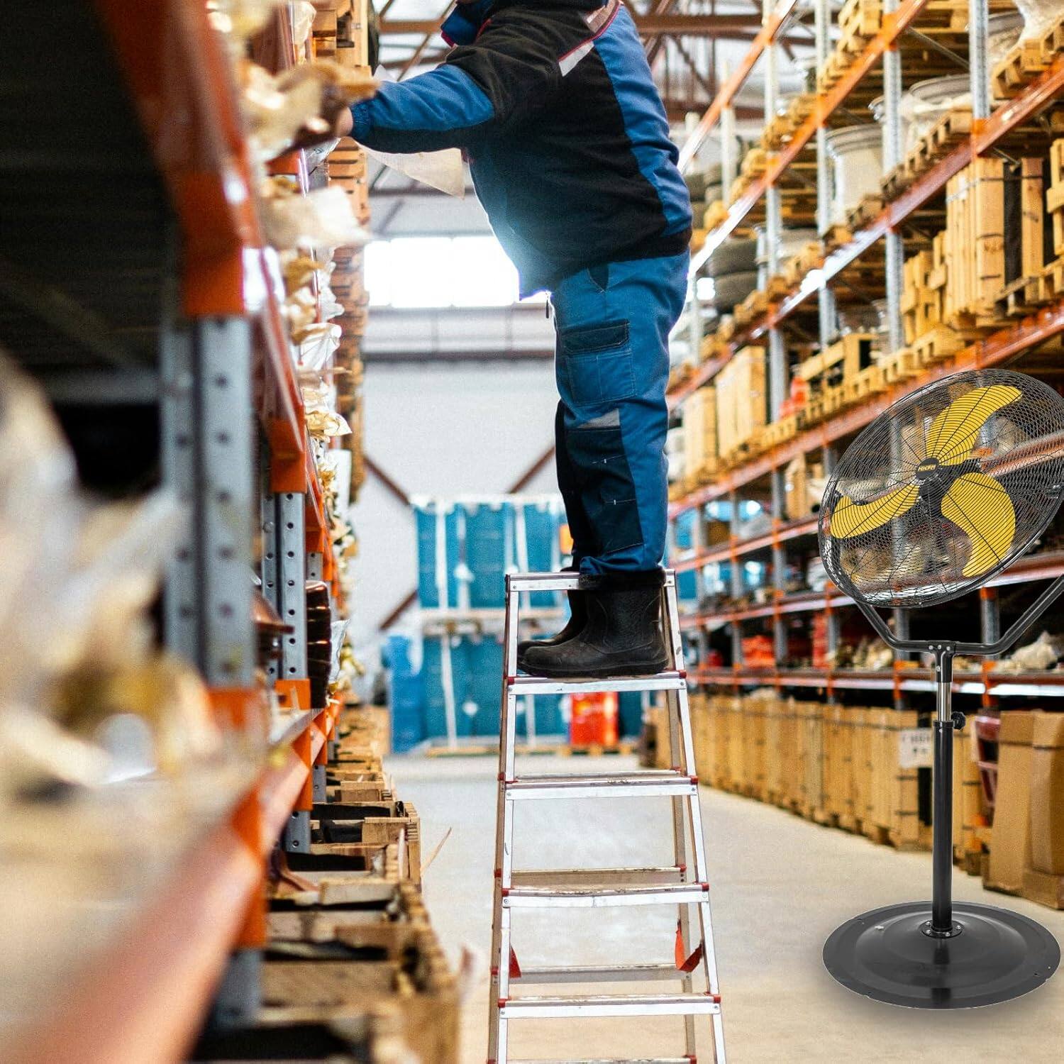 Left. Akoasm - 30" Tilting Pedestal Fan, 7600 CFM High Velocity, 3-Speed 1/3 HP Motor, Adjustable 64-73" for Warehouse & Gym.