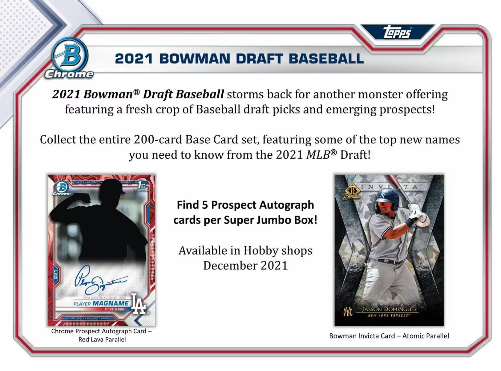 **2021 Bowman Draft Baseball**

Bowman Draft Baseball storms back for another monster offering featuring a fresh crop of Baseball draft picks and emerging prospects! Collect the entire 200-card Base Card set, featuring some of the top new names you need to know from the 2021 MLB® Draft!

Find 5 Prospect Autograph cards per Super Jumbo Box!

Available in Hobby shops December 2021

- **Chrome Prospect Autograph Card – Red Lava Parallel**
- **Bowman Invicta Card – Atomic Parallel**

**Jasson Dominguez**  
NEW YORK YANKEES®