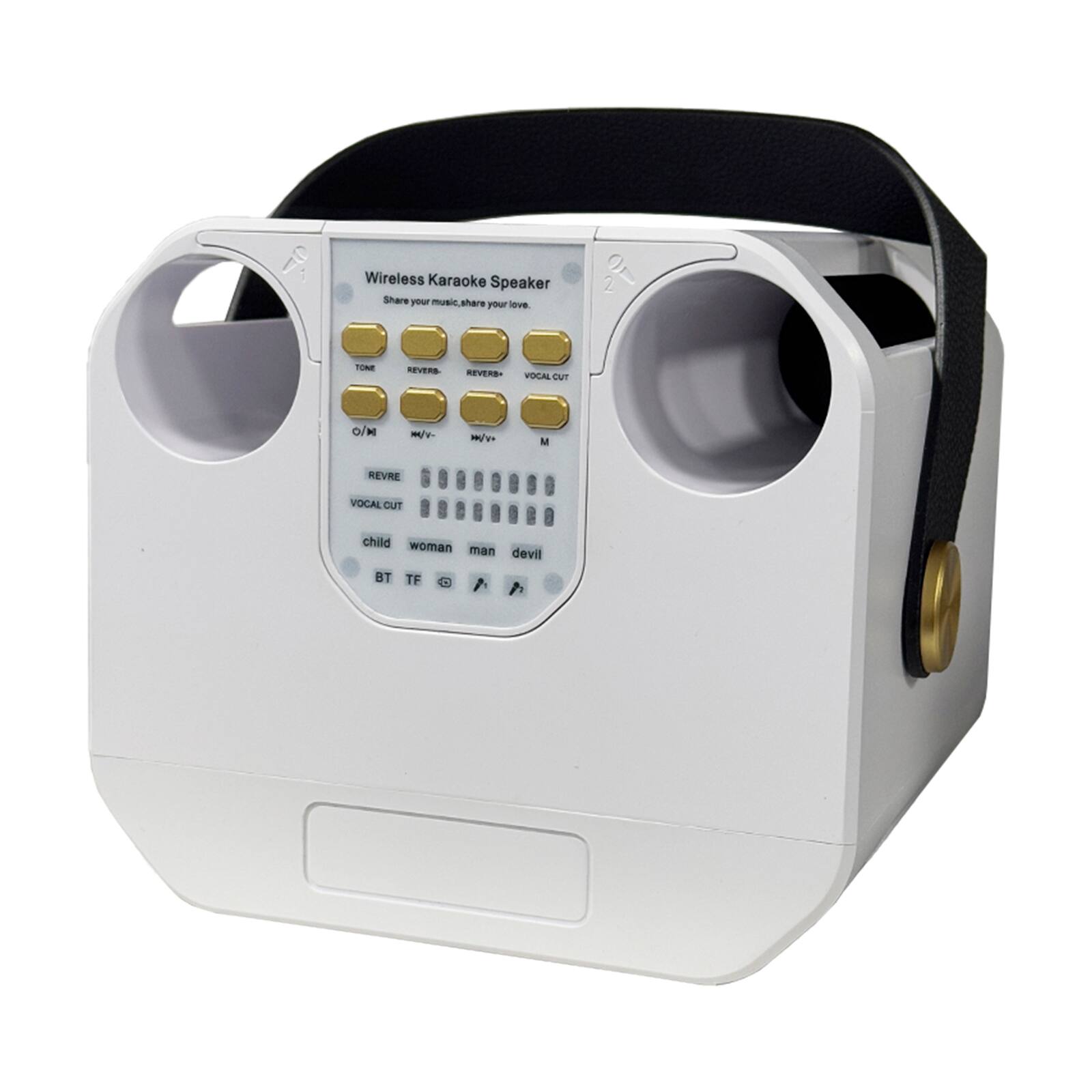 Wireless Karaoke Speaker  
Share your music, share your love.

- TONE
- REVERB
- REVERB
- VOCAL CUT

- child
- woman
- man
- devil

- BT
- TF

- O/M
- M/V
- M/V

- REVERB
- VOCAL CUT