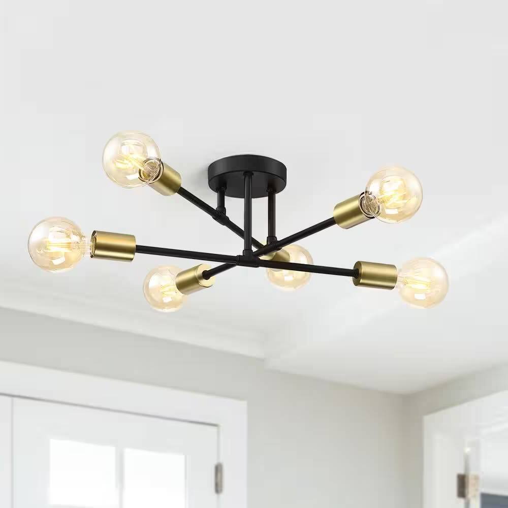 Left. Hivvago - Mid-Century Sputnik Style 6-Light Black Gold Ceiling Light - Semi Flush Mount - Black, Gold.