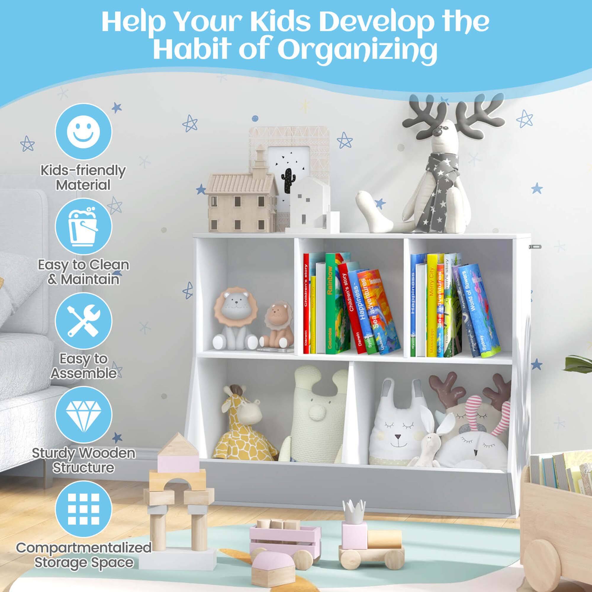 Help Your Kids Develop the Habit of Organizing Kids-friendly Material Easy to Clean & Maintain Easy to Assemble i | | Rainbow LAcon Children's Happiness adventures o I T 1 City | E I  I  i ESBMOG of World kopng  Sturdy Wooden Structure Compartmentalized Storage Space
