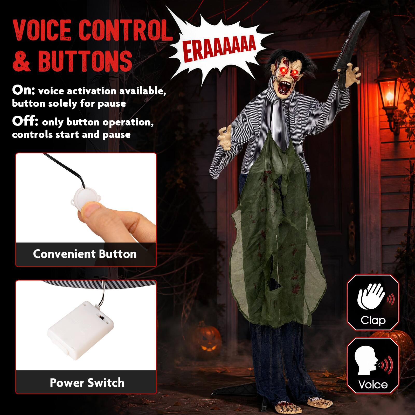 VOICE CONTROL & BUTTONS

On: voice activation available, button solely for pause  
Off: only button operation, controls start and pause

Convenient Button

Power Switch

Clap

Voice