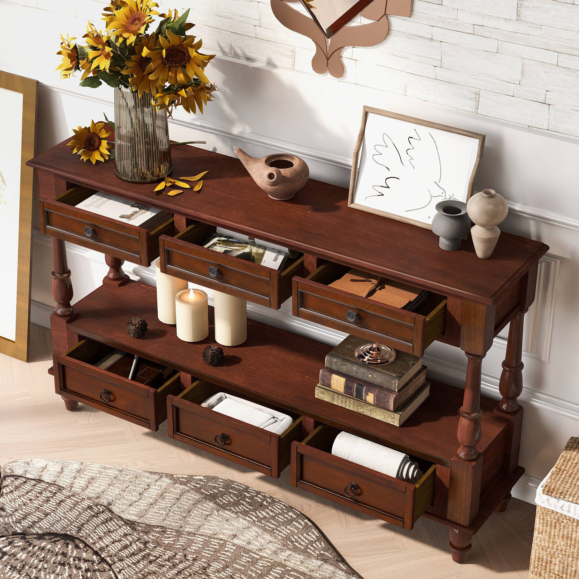 Angle. GOODSILO - Vintage Style Solid Wood Console Table with Six Drawers and Two-Tier Shelf for Living Room and Entryway - Cherry.