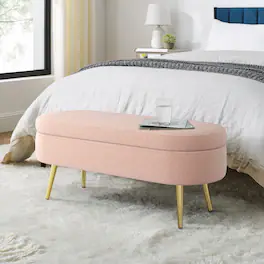 Ropilly - Oval Storage Bench Flannel Upholstered Ottoman with Metal Legs - Pink